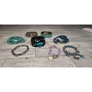 Lot of 12 Turquoise Teal Aqua Silver Tone Multiple Style Bracelets